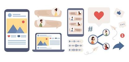 Social media icon set. Post, chat, like, share, coment. Blogger. Key Opinion Leader. KOL. Influencer marketing. SMM concept. Vector flat illustration