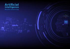 technology machine learning artificial intelligence tech circle head circuit with A microchip has a brain circuit in the middle of a multi-colored light line. icons and bright dots on intersecting vector