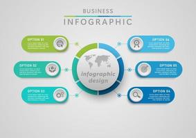 mínimo infografía negocio planificación seis opciones circulo mundo mapa multi de colores redondeado cuadrícula y varios íconos en gris degradado antecedentes. diseño para marketing, finanzas, finanzas, planificación. vector