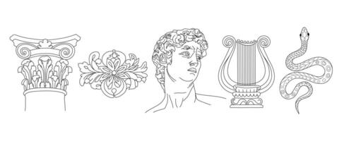 Art of sculpture objects for the exhibition of classical and contemporary painting, music. Hand illustrations, plaster bust, antique statues, pillar, snake, harp. Drawings for poster. Ancient Greece vector