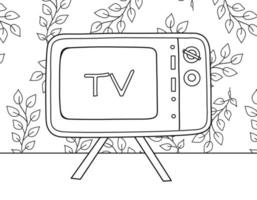 Coloring page for kids and adults. Hand drawn vintage objects. Retro TV and wallpaper. Beautiful drawing with patterns and small details. Coloring book picture vector