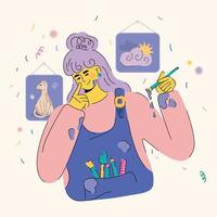 The artist thinks with brush in hand in her studio. Cute bright vector illustration in on-trend colors with a bright simple character. Girl is learning to draw.