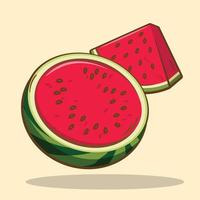 Watermelon Vector Illustration. Red Fresh Juicy Half and Quarter Sliced Watermelon Tropical Fruit with Seeds