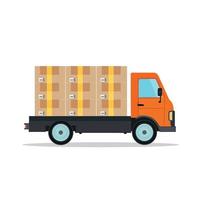 Delivery truck with cardboard box package. Flat vector cargo truck illustration.