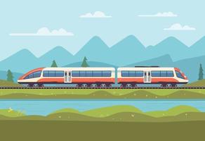 Modern high speed train with nature landscape. Flat vector illustration