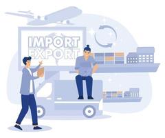 Import and export concept. Tiny people businessman sale goods and services worldwide. Flat vector modern illustration.
