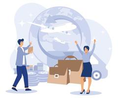 Import and export concept. Tiny people businessman sale goods and services worldwide. Flat vector modern illustration.