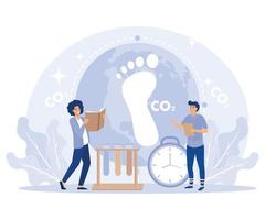 Carbon footprint effect analysis, environmental pollution with CO2,  people analyze impact of greenhouse gas on environment, flat vector modern illustration