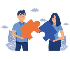 teamwork puzzles in hands of business team, jigsaw puzzles are great element of team work search for ideas, flat vector modern illustration