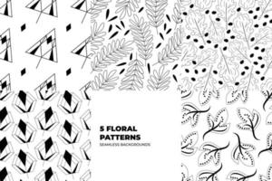 Floral abstract seamless patterns. Leaves and flowers in black and white tones. Repeating vector design for paper, cover, fabric, interior decor and textile users. Vector illustration.