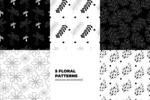 Floral seamless patterns. Leaves and flowers in black and white tones. Repeating endless vector design for paper, cover, fabric, interior decor and textile users. Vector illustration.