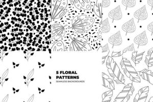 Floral seamless patterns. Leaves and flowers in black and white tones. Repeating endless vector design for paper, cover, fabric, interior decor and textile users. Vector illustration.