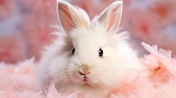 cute fluffy white easter bunny rabbit among spring pink blooming flowers Holiday greeting card photo