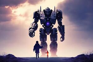 Giant robot and child walking together at sunset. photo