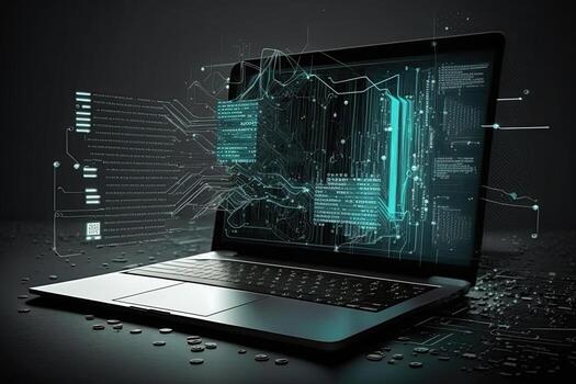 Digital data and network connection on laptop screen. Big data analysis. photo