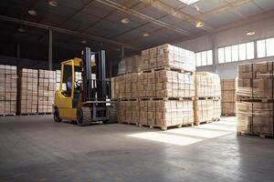 Forklift for loading pallets with packages in warehouse interior. photo