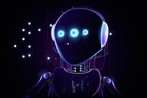 Visualization of robot assistant or chat bot on web site. Cute robot with big eyes on dark background. Created with photo