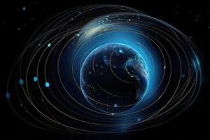 Planet Earth with satellites orbits around it. Visualization of digital connections lines at planet. photo