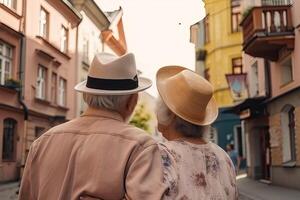 Elderly couple at city street. Elderly man and woman are walking together. photo