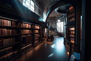 Interior of library with many bookshelves. photo