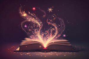 Open magical book with glowing lights over pages. photo