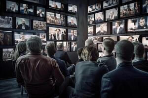 People watching a lot of retro televisions. Propaganda and fake news concept. photo