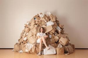 Woman sits in pile of shopping bags. Concept of overconsumption. photo