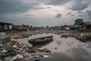 enorme tugurio con un lote de el plastico residuos y varios usado basura. generativo ai foto