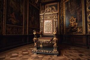 vacío real trono en oscuro castillo salón. fantasía medieval trono para rey. generativo ai foto