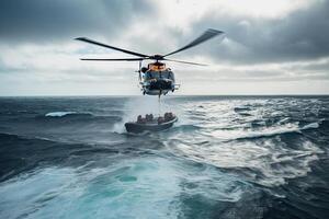 Search operation in sea. Emergency rescue helicopter flies over sea surface. photo