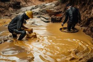 oro panorámica prospector es mirando para oro en el río durante oro correr. generativo ai foto