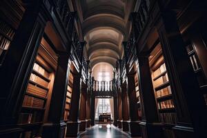 interior de biblioteca con muchos estantería. generativo ai foto
