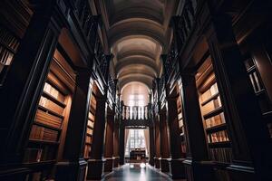 Interior of library with many bookshelves. Generative AI photo