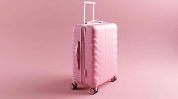 modern pink suitcase on wheels close-up on pink background travelling concept copy space photo
