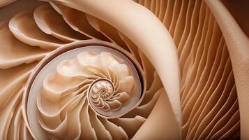 Spiral seashell closeup in beige color Abstract background poster design element selective focus photo