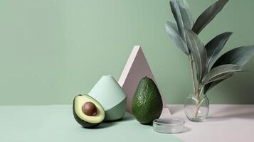 half Avocado in modern abstract composition on green mint background with twig leaves and geometric shapes podiums copy space photo