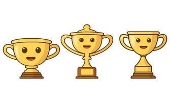 Gold trophy cartoon character collection. First place champion trophy cup in flat style. Vector flat outline icon