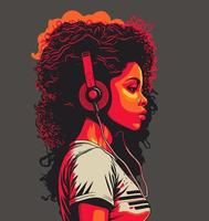 Black woman with big Afro hair wearing headphones enjoying music. Vector illustration