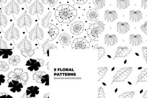 Floral seamless patterns. Leaves and flowers in black and white tones. Repeating endless vector design for paper, cover, fabric, interior decor and textile users. Vector illustration.