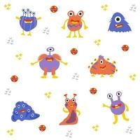 Cute cartoon monsters. Cartoon aliens in flat style. Space theme seamless pattern with aliens and monsters. Hand drawn illustration with colorful cartoon aliens pattern on white background. vector