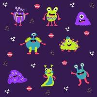 Cute cartoon monsters. Cartoon aliens in flat style. Space theme seamless pattern with aliens and monsters. Hand drawn illustration with colorful cartoon aliens pattern on violet background. vector