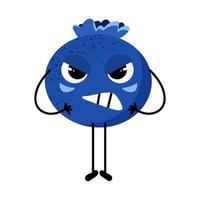 Cute vector blueberry with emotion. Emotion anger, aggression, surly, irritated. Fruity smiley face. Lively fruit. Vector cartoon illustration. White isolated background.