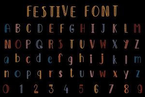 festivo fuente alfabeto letras y números ilustración vector