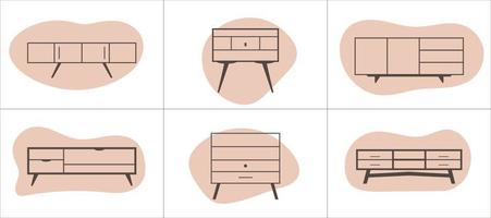 Furniture outline icons set in flat style on abstract figures-substrates. Cabinets. vector