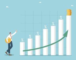 Investment and financial growth, interest growth on deposits and profit, economic improvement and GDP growth, wage growth and unemployment reduction, a man stands near a growing graph with a coin. vector