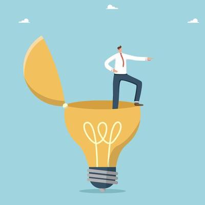 Finding directions of movement in business or career, leadership qualities on the way to success, searching for an idea to solve a difficult problem, man stands in a light bulb and shows the direction