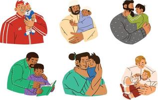 contento familia, padre, madre, hijo y hija abrazando cada otro. vector ilustración