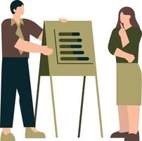 Man and woman standing next to a blackboard with notes. Vector illustration in flat style