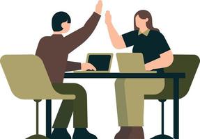 Man and woman sitting at the table with laptop and giving high five. Flat vector illustration.