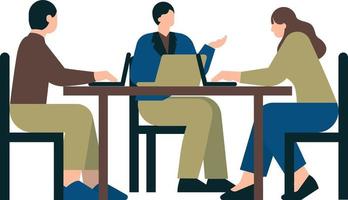 Group of people sitting at table with laptop. Flat style vector illustration.